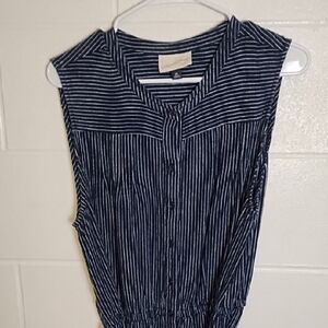 Navy & White Stripe Linen Blend Button Down Shirt Dress Ruffle Hem Knee Length